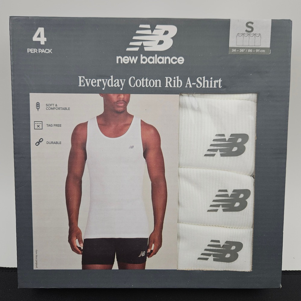 New Balance Mens Size small Everyday Cotton Rib A-Shirt Tank Top‎ 4 Pack White